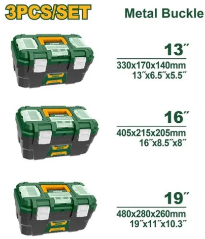 Set de 3 Cajas de Herramientas, Tamaño de las Cajas 330x170x140mm, 405x215x205mm, 480x280x260mm, Hebilla de Metal, Incluye Una Bandeja de Plastico, Tapa Superior con Tres Zonas de Almacenamiento