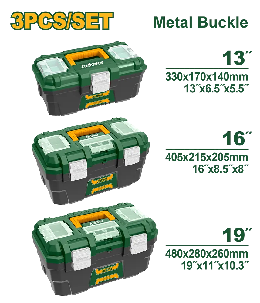 Set de 3 Cajas de Herramientas, Tamaño de las Cajas 330x170x140mm, 405x215x205mm, 480x280x260mm, Hebilla de Metal, Incluye Una Bandeja de Plastico, Tapa Superior con Tres Zonas de Almacenamiento