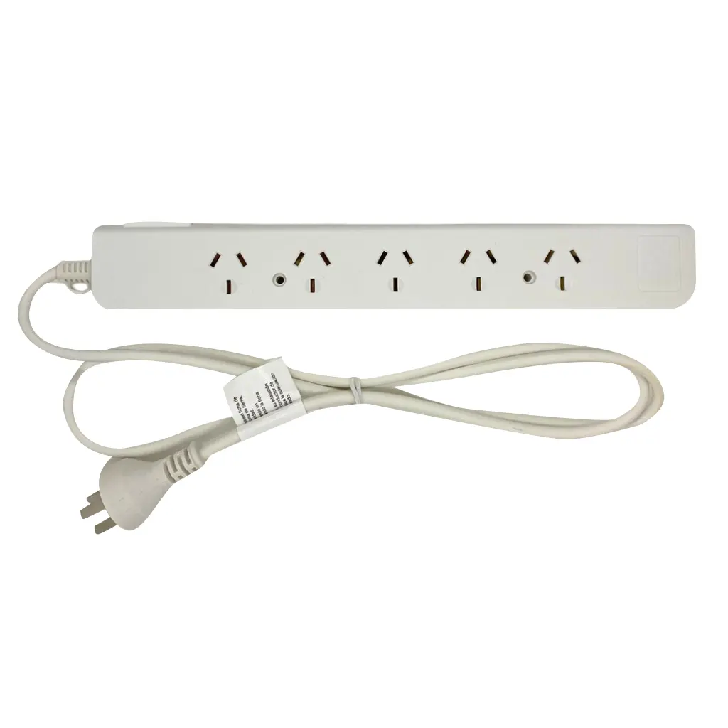PROLONGADOR MULTIPLE 5 TOMAS, BLANCO, 1,5  MTS DE CABLE 3X0,75MM, 250V, 10A, 2200W  MAX. PROTECTOR TERMICO