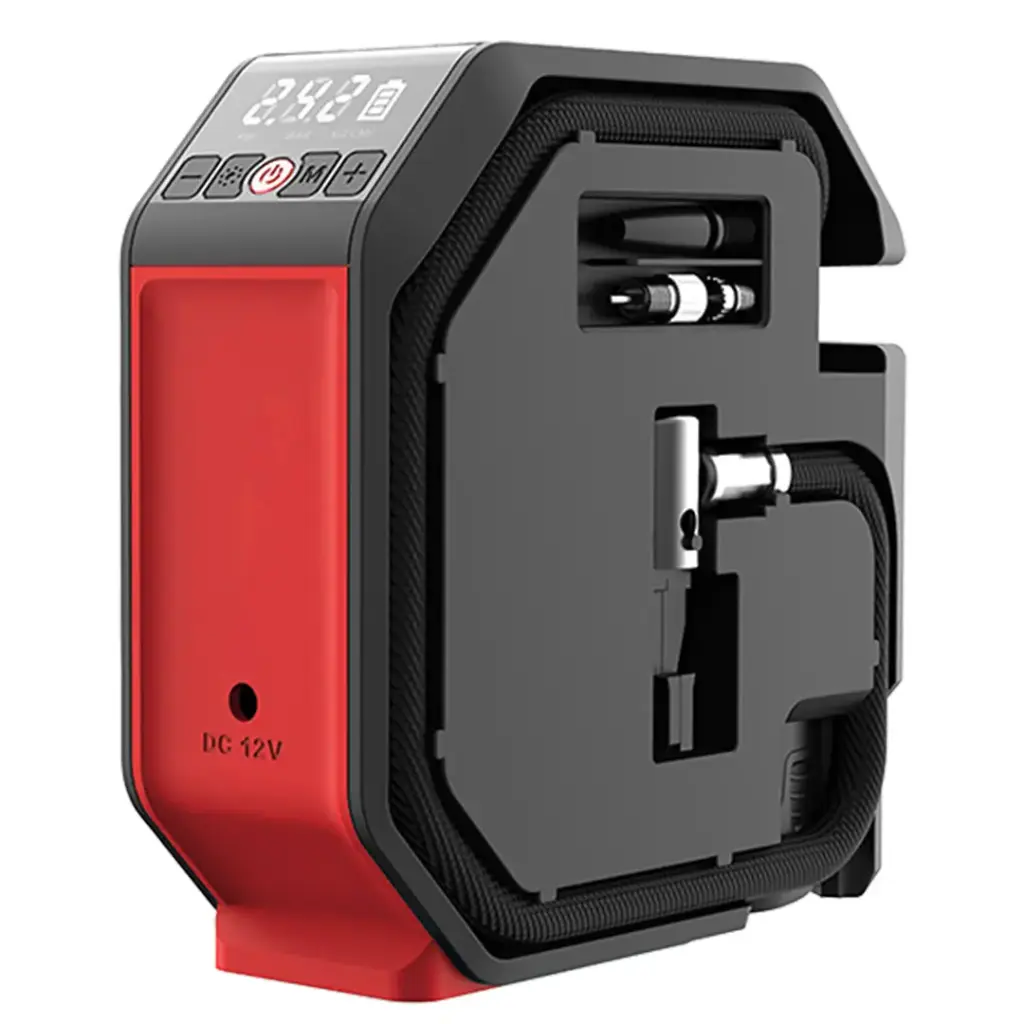COMPRESOR DE AIRE PORTATIL POTENCIA 90W PRESION DE AIRE MAX. 8.3BAR PESO 0.85KG INCLUYE BOQUILLA DE GAS DE PLASTICO, ADAPTADOR, BATERIA 2Ah