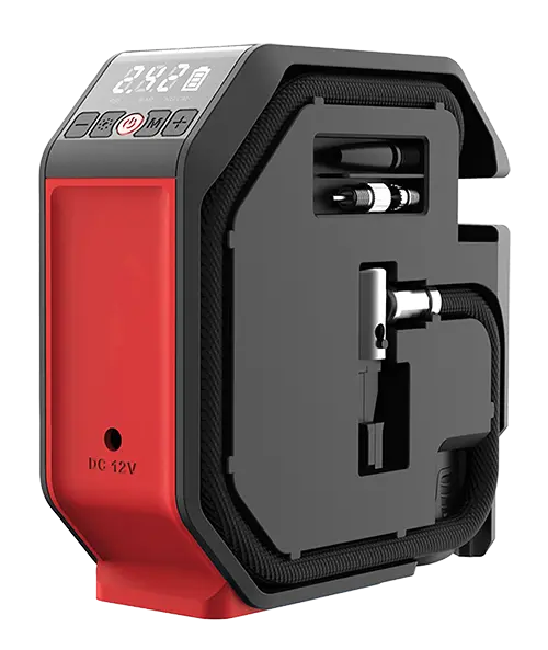 COMPRESOR DE AIRE PORTATIL POTENCIA 90W PRESION DE AIRE MAX. 8.3BAR PESO 0.85KG INCLUYE BOQUILLA DE GAS DE PLASTICO, ADAPTADOR, BATERIA 2Ah