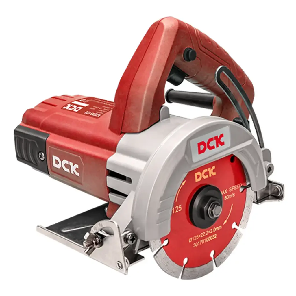 CORTADORA DE MARMOL POTENCIA 1800W DIAMETRO DEL DISCO DE CORTE 125MM CAPACIDAD MAX. DE CORTE 38.5MM ANGULO DE CORTE 0-45° PESO 3.3KG INCLUYE LLAVE DE VASO, LLAVE, CARBONES