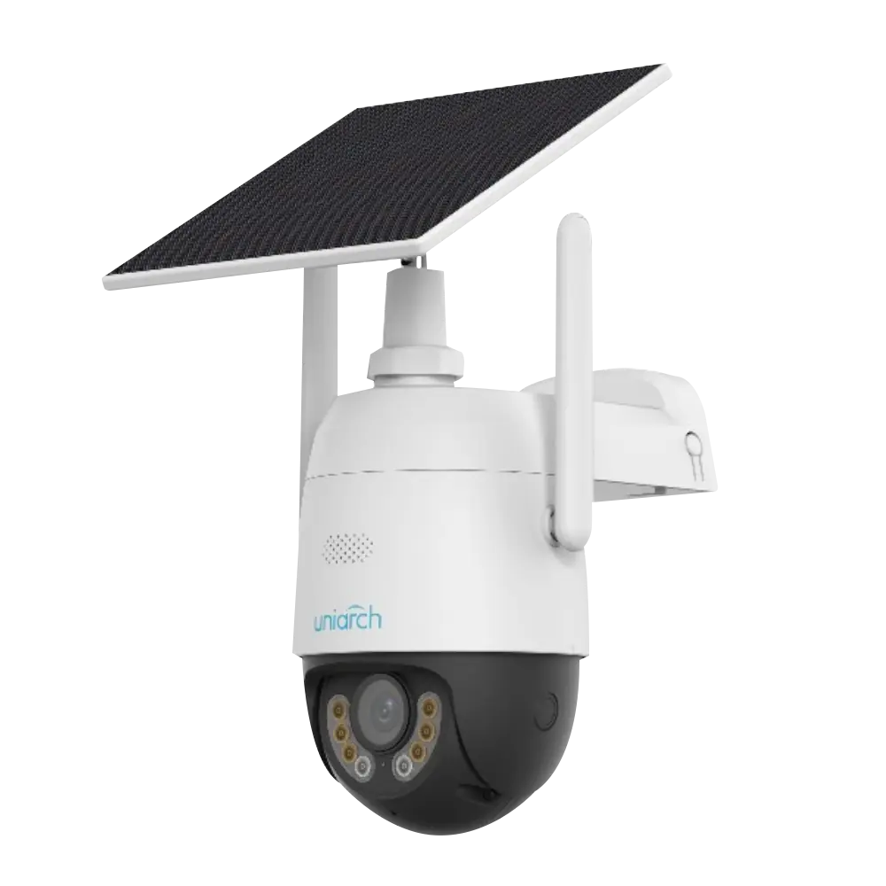 CAMARA IP UNIARCH CONEXION 4G/LTE CON PANEL SOLAR Y BATERIA, INTERIOR/EXTERIOR, PARA HOGAR RESOLUCION 3MP LENTE FIJA DE 4 MM, MICROFONO Y ALTAVOZ, DETECCION DE CUERPO HUMANO, IP66, IR30 M, RJ45, 512GB 