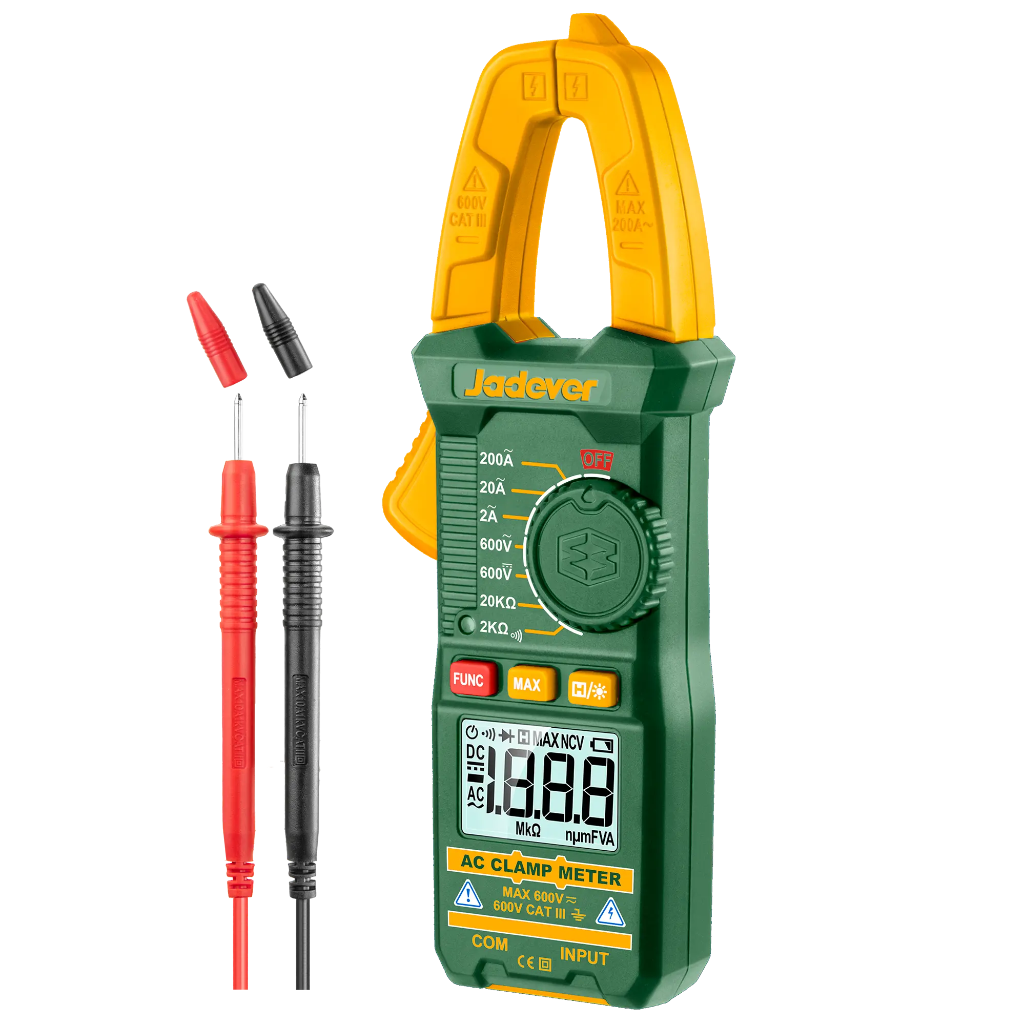 Pinza Amperimetrica Digital de CA - TRUE RMS 2000 Cuentas - Corriente CA: 2A-200A - Voltaje CA: 2V-600V - Voltaje CC: 200MV-600V