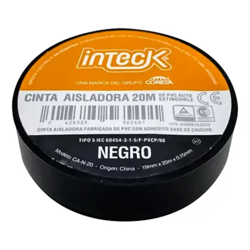 [CA-N-20] CINTA ADHESIVA PVC INTECK - NEGRA 20  METROS