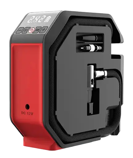 [KDQE120(TYPE DK)] COMPRESOR DE AIRE PORTATIL POTENCIA 90W PRESION DE AIRE MAX. 8.3BAR PESO 0.85KG INCLUYE BOQUILLA DE GAS DE PLASTICO, ADAPTADOR, BATERIA 2Ah