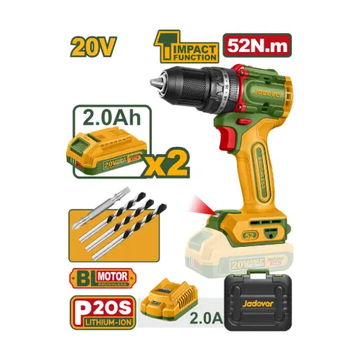[JDCDP5281-4] TALADRO ATORNILLADOR CON IMPACTO MOTOR BRUSHLESS 20V PAR MÁXIMO: 52 NM MANDRIL: 13 MM AJUSTES DE PAR: 22+1+1 ENGRANAJE MECÁNICO DE 2 VELOCIDADES INCLUYE: BATERÍAS Y CARGADOR BROCAS